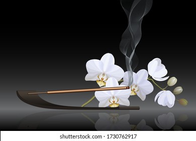 Incense stick with white orchid on black background vector