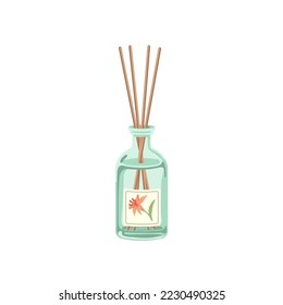Incense sticks in bottle for house vector illustration. Cute home diffusers with flower scent isolated on white background. Aromatherapy, relaxation, comfort concept