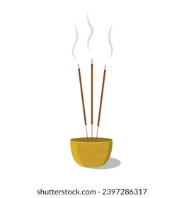 Incense sticks burning in a bowl flat vector illustration isolated on white background. Element for Asian traditional culture, Chinese new year, lunar new year, Ancestor worship customs, Buddhism