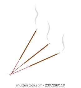 Incense sticks burning flat vector illustration isolated on white background. Element for Asian traditional culture, Chinese new year, Lunar new year, Ancestor worship customs, Buddhism