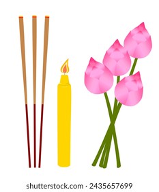 Palos de incienso, velas y flores, conjunto de adoración de Buda, vector	