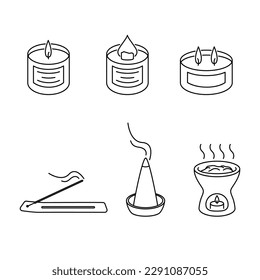 Incense sticks, incense cones, candles, aroma lamp vector editable stroke. Home fragrance icons set