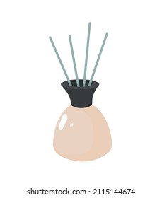 Incense sticks in a decorative vase. Home fragrance. Cozy relaxing interior. Vector isolated colorful element.