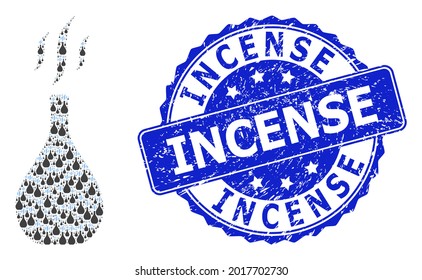Incense unclean round stamp seal and vector recursive collage incense vial. Blue stamp seal includes Incense title inside round shape. Vector collage is made of recursive incense vial icons.