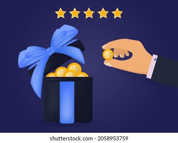 An incentive or benefit in a gift. Motivation program, concept of successful encouragement, cash reward. Businessman hand. Money, coins, bribe in a box. Financial trap or pyramid. Vector illustration.