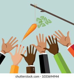 
Incentive business concept. Multicultural group of men and women reaching for a dangling carrot on a stick. EPS10 vector illustration. Metaphor.