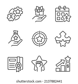 Incentive compensation pixel perfect linear icons set. Raising employees motivation. Customer appreciation. Customizable thin line symbols. Isolated vector outline illustrations. Editable stroke