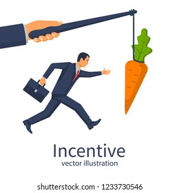 Incentive concept. Business metaphor. Personnel management leadership. Motivate people. Big hand holds carrots on stick, businessman running for bait. Vector illustration flat design. Attract earn.