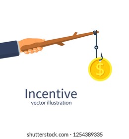Incentive concept. Business metaphor. Personnel management leadership. Motivate people. Hand holds gold coin on stick, businessman running for bait. Vector illustration flat design. Attract earn. 