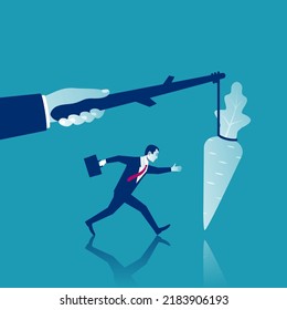 Incentive concept. Business metaphor. Personnel management leadership. Motivate people. Big hand holds carrots on stick, businessman running for bait. Vector illustration flat design. Attract earn. 