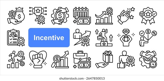 Incentive editable stroke icon set, with Reward, Compensation, Pay day, Performance award, Award, Employee benefits, Gift.
