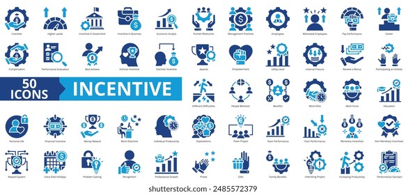 Incentive icon collection set. Containing higher level performance, government, business, economic analysis, human resources, management practice, employee icon. Simple flat vector.