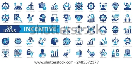 Incentive icon collection set. Containing higher level performance, government, business, economic analysis, human resources, management practice, employee icon. Simple flat vector.