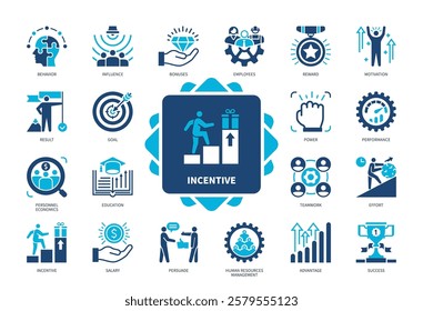 Incentive icon set. Motivation, Salary, Power, Effort, Reward, Goal, Result, Advantage. Duotone color solid icons