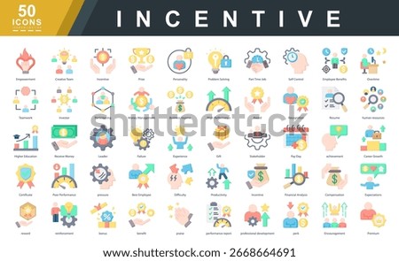 Incentive icon set showcasing motivation, recognition, compensation, and performance. Ideal for HR tools, business reports, employee portals, and productivity-focused presentations.