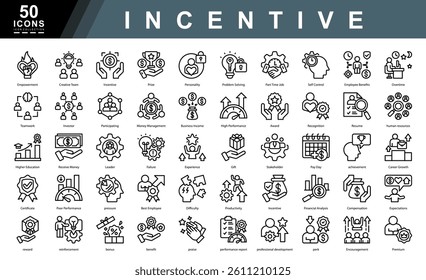 Incentive outline icon set showcasing motivation, recognition, compensation, and performance. Ideal for HR tools, business reports, employee portals, and productivity-focused presentations.