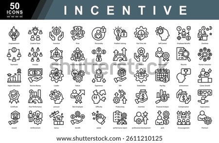 Incentive outline icon set showcasing motivation, recognition, compensation, and performance. Ideal for HR tools, business reports, employee portals, and productivity-focused presentations.