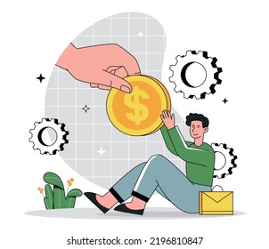 Incentive program concept. Man receives dollars, financial assistance from state. Support for population in crisis, unemployed. Poster or banner for website. Cartoon flat vector illustration