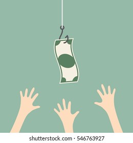 Incentive Trap. Hands Reaching Out To Get Money On The Fish Hook. Business Concept Illustration.