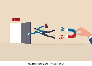 Incentive and welfare program for employee retention, building staffs loyalty reduce resignation rate for important talent, boss holding magnet to pull back resigned or leaving employee. svg