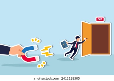 Incentive and welfare program for employee retention, building staffs loyalty reduce resignation rate for important talent, boss holding magnet to pull back resigned or leaving employee.