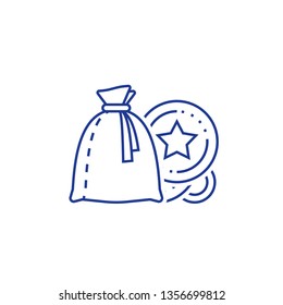 Incentives concept, earn reward, redeem gift, bag and tokens, vector mono line icon set, linear illustration, outline design