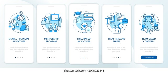 Incentivising teamwork blue onboarding mobile app screen. Motivation walkthrough 5 steps graphic instructions pages with linear concepts. UI, UX, GUI template. Myriad Pro-Bold, Regular fonts used