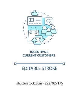 Incentivar el icono actual del concepto turquesa de los clientes. Encontrar nuevos clientes da consejos sobre la idea abstracta de la ilustración de línea delgada. Dibujo de contorno aislado. Trazo editable. Fuentes Arial, Myriad Pro-Bold utilizadas