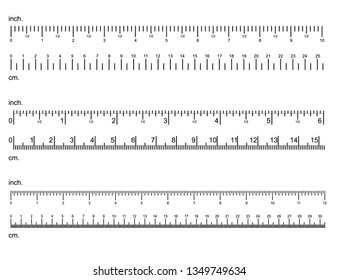 Inch and Centimeter Ruler Black Thin Line Set Precision Tools. Vector illustration of Measuring Scale Metrics Indicator