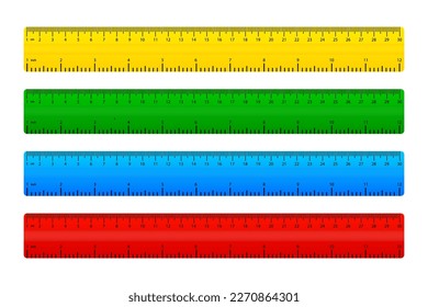 Inch and metric plastic rulers in different colors. Centimeters and inches measurement scale. Measuring centimeter plastic tool. Vector illustration.