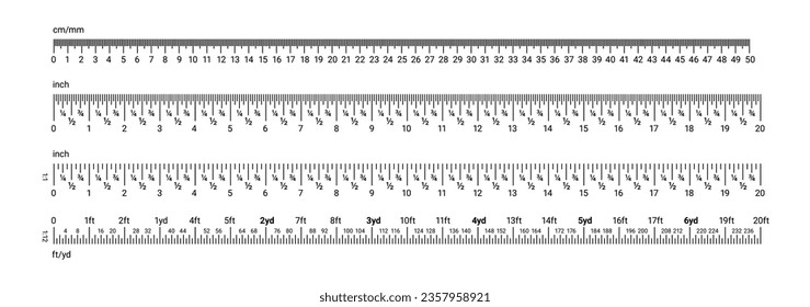 Inch and metric rulers. Centimeters, inches and foot, yard and millimeter unit measuring scale. Precision imperial measurement of ruler tools. Vector set. Length and distance indicators svg