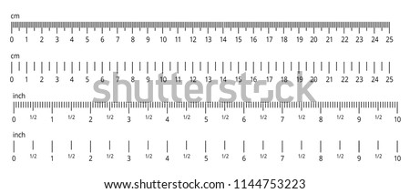 Inch and metric rulers. Centimeters and inches measuring scale cm metrics indicator. Precision measurement centimeter icon tools of measure size indication ruler tools. Vector isolated set