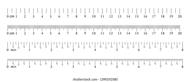 Inch and metric rulers. Measuring tool. Ruler Graduation grid. Size indicator units. Centimeters and inches measuring scale. Vector illustration.