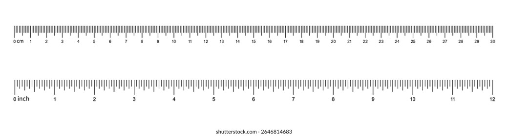 Inch, metric rulers. Measuring tool. Ruler 30 cm, 12 inch. Grid cm, inch. Metric Centimeter, inch size indicators. Ruler scale. Vector illustration.
