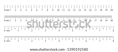 Inch and metric rulers. Measuring tool. Ruler Graduation grid. Size indicator units. Centimeters and inches measuring scale. Vector illustration.