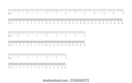 Inch, metric rulers. Measuring tools. Scale for ruler in centimeters, inches. Metrics indicators cm, inch. Measuring scales. Inches, centimeters measuring scale. 