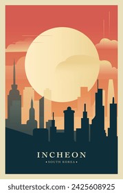 Incheon city brutalism poster with abstract skyline, cityscape retro vector illustration. South Korea metropolitan travel cover, brochure, flyer, leaflet, presentation template image