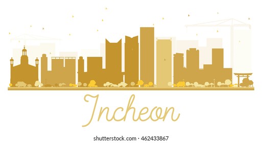 Incheon City skyline golden silhouette. Vector illustration. Simple flat concept for tourism presentation, banner, placard or web site. Business travel concept. Cityscape with landmarks
