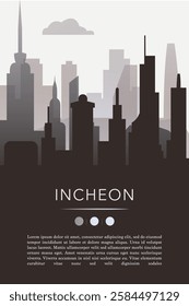 Incheon city template for website, presentation, front page, invitation, publication sheet with skyline, landmarks. Vector South Korea image layout, simple and grayscale