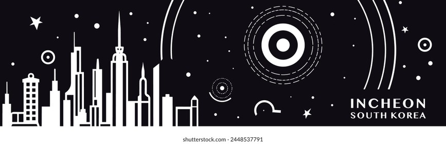 Incheon city vintage banner with abstract black and white cityscape and skyline. Chalkboard vector horizontal illustration for South Korea metropolitan