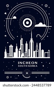 Incheon city vintage poster with abstract cityscape and skyline. Chalkboard vector black and white illustration for South Korea metropolitan, vertical graphic