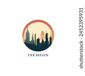 Incheon cityscape, gradient vector badge, flat skyline logo, icon. South Korea city round emblem idea with landmarks and building silhouettes. Isolated graphic