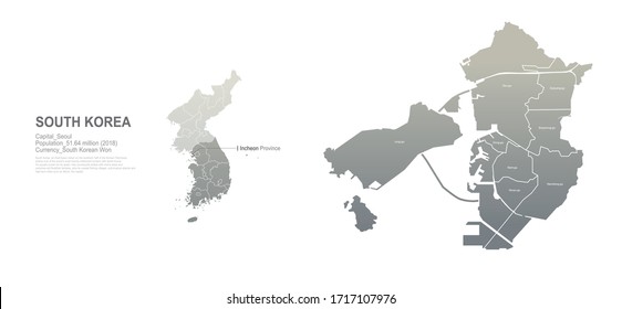 incheon map. south korea city, provinces vector map series. 