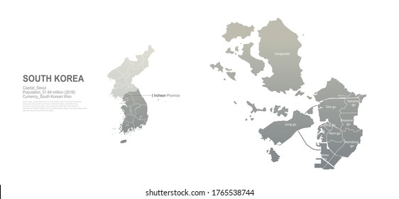 incheon map. south korea city, provinces vector map series. 