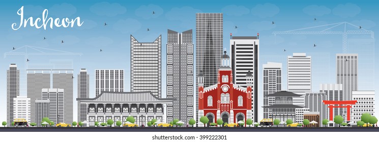 Incheon Skyline with Gray Buildings and Blue Sky. Vector Illustration. Business Travel and Tourism Concept with Modern Buildings. Image for Presentation Banner Placard and Web Site.