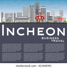 Incheon Skyline with Gray Buildings, Blue Sky and Copy Space. Vector Illustration. Business Travel and Tourism Concept with Modern Buildings. Image for Presentation Banner Placard and Web Site.