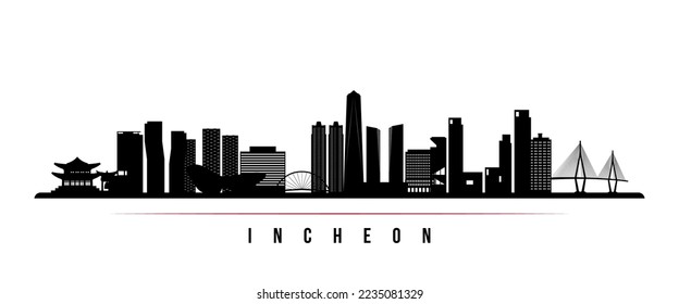 Banner horizontal de la línea de horizonte de Incheon. Silueta blanca y negra de Incheon, Corea del Sur. Plantilla de vectores para su diseño. 