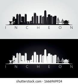 Incheon skyline and landmarks silhouette, black and white design, vector illustration.  