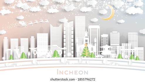 Incheon South Korea City Skyline in Paper Cut Style with Snowflakes, Moon and Neon Garland. Vector Illustration. Christmas and New Year Concept. Santa Claus on Sleigh.