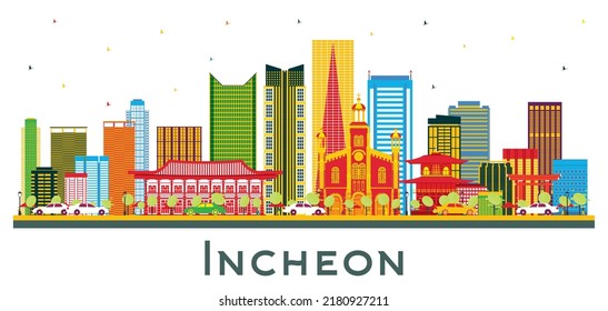 Incheon South Korea City Skyline with Color Buildings and Blue Sky. Vector Illustration. Business Travel and Tourism Concept with Modern Architecture. Incheon Cityscape with Landmarks.